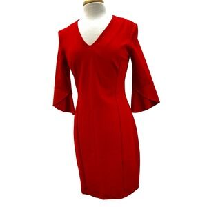 Joseph Ribkoff Sheath Dress Womens 8 Red Excellent Tulip Sleeve V-Neck Formal